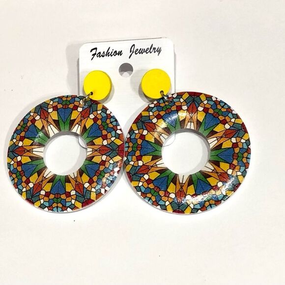 Boho Festive Multicolored Wooden Hoop Dangle Earrings - 210 - Picture 6 of 7